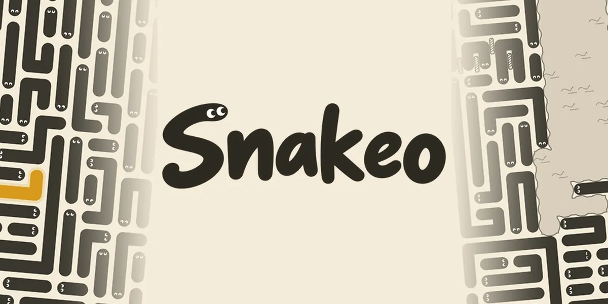 Snakeo logosu ve el çizimi yılanlarla dolu bir bulmaca tahtası