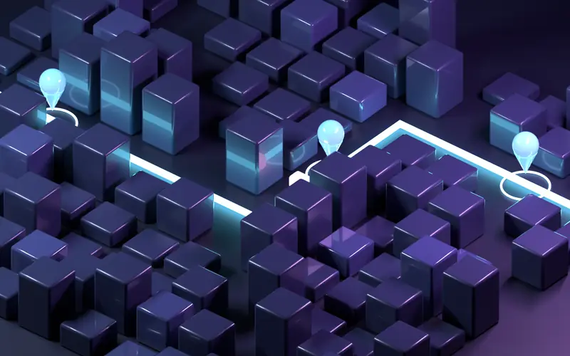 Isometric 3D city map with a glowing route line and location pins