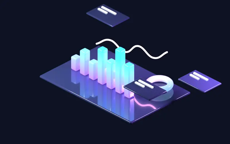 3D dashboard of floating glass panels and glowing chart bars