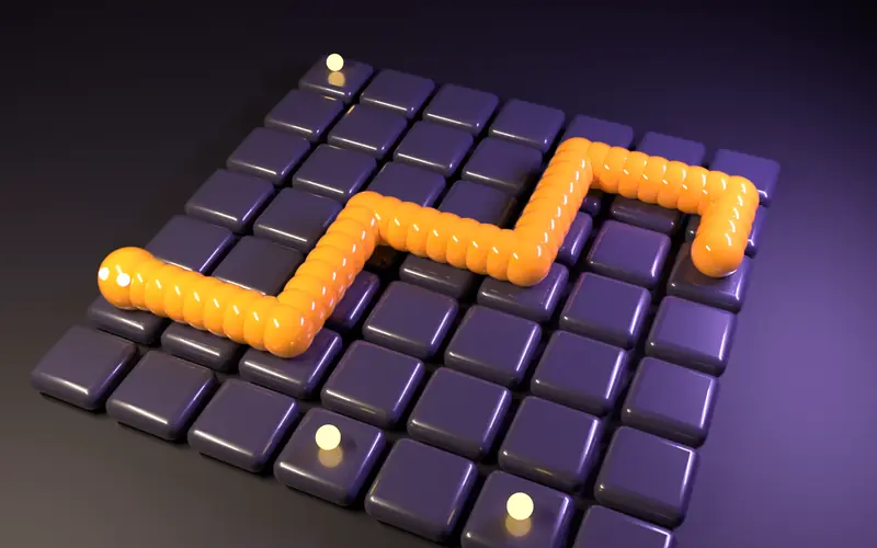 Puzzle game scene with an orange snake moving over dark tiles